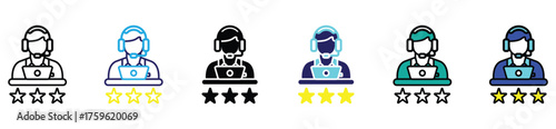 Customer service support icon vector illustration of male agent with headset and star rating in glyph style