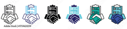 Business agreement and partnership icon set — handshake with checklist and document clipboard vector illustration