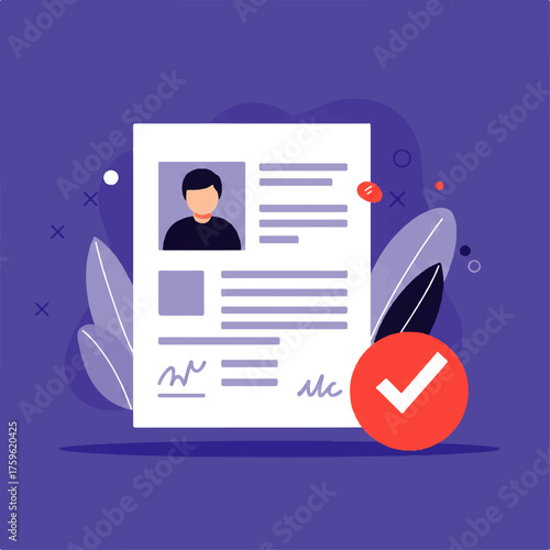 Illustration of a document with a person's profile, signature, and a large red checkmark indicating approval.
