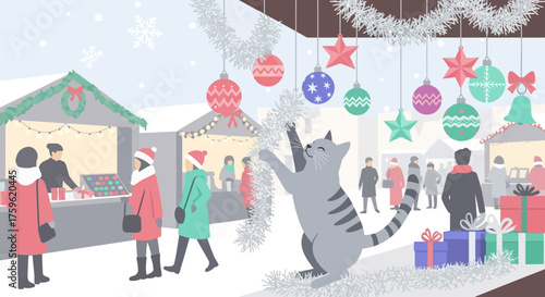 Playful Gray Cat Reaching for Christmas Decorations at Market.