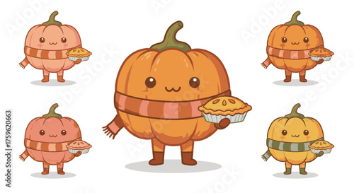 Cute cartoon pumpkins wearing scarves and holding pies, perfect for autumn and Thanksgiving themes.