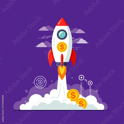 A rocket ship launches upward, symbolizing business growth and financial success, with coins and a target in the background.