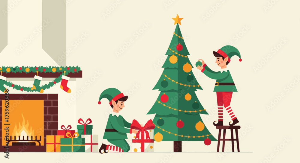 Fototapeta premium Festive Christmas Scene with Elves Decorating Tree and Gifts.