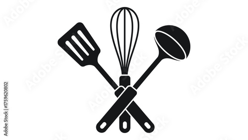 A black and white icon of crossed kitchen utensils including a spatula, whisk, and ladle isolated on white background
