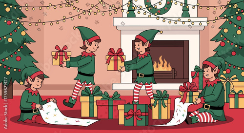 Festive Christmas Elves Preparing Gifts for Holiday Season.