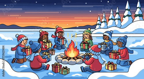 Children Gather Around a Winter Campfire with Gifts.