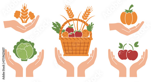 Hands holding various fresh produce, including a basket of fruits and vegetables, representing harvest.