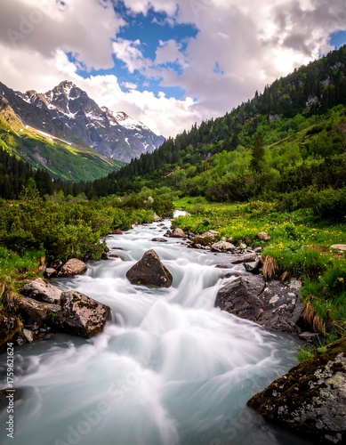 Majestic mountain scene with a rushing river carving through a lush valley. Snow-capped peaks rise in the background