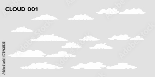 Collection of simple white cartoon clouds scattered across a light gray background