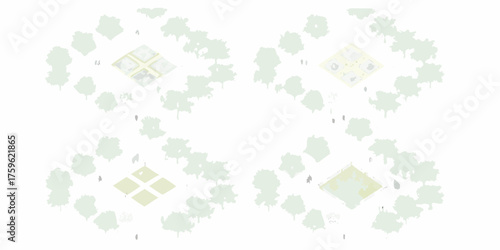 Abstract architectural diagram showing four stylized urban park designs with trees and people