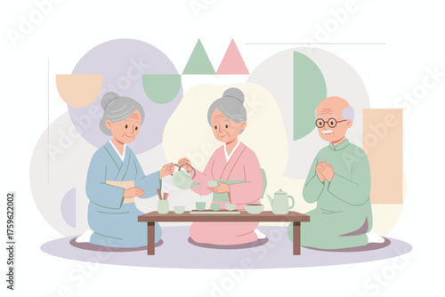 Senior Asian women and man performing a traditional tea ceremony peaceful cultural experience