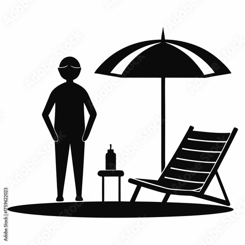 Silhouette of a person standing next to a beach chair and umbrella with sunscreen