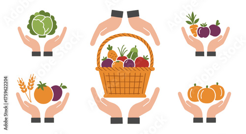 Illustrations of hands holding vegetables and a basket of produce, representing food security and healthy eating.