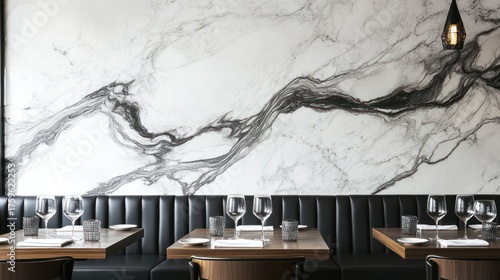 Restaurant interior, marble wall, dark seating, empty tables