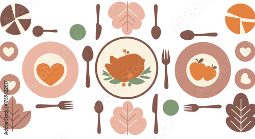 Stylized illustration of a festive Thanksgiving dinner table with turkey, pie, and autumn leaves.