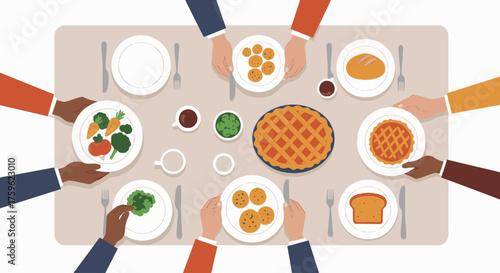 Overhead view of a Thanksgiving dinner table with food and hands.