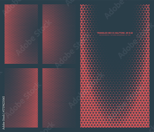 Assorted vector triangles hexagonal grid red black halftone pattern set in vertical 9:16 aspect ratio including elliptical frame and various smooth textures. Half tone textured design elements bundle