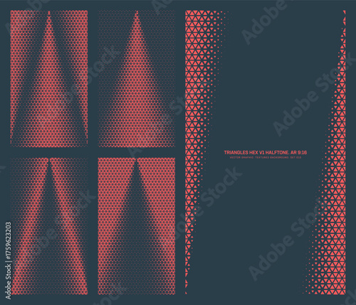 Assorted vector triangles hexagonal grid red black halftone pattern set in vertical 9:16 aspect ratio including angular frame and various cone shaped textures. Half tone texture design elements bundle