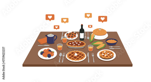 A Thanksgiving dinner table laden with pies, turkey, and side dishes, with social media 'like' icons floating above.