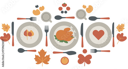 Thanksgiving dinner table setting with plates, cutlery, and autumn-themed decorations.