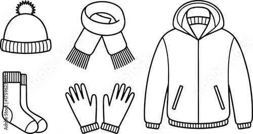 Winter Clothing Accessories Black Outline Set