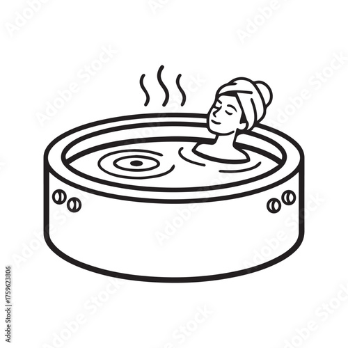 Person relaxing in hot tub spa icon. Symbol of wellness, hydrotherapy, and self-care treatment. Simple line vector for relaxation and beauty.
