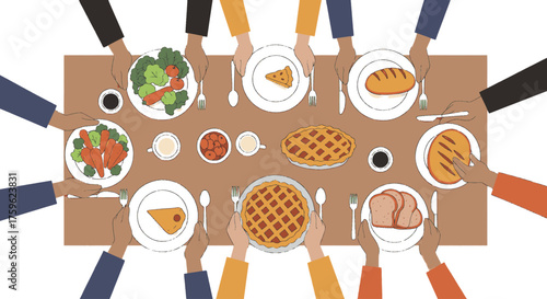 A diverse group of people gathered around a table, sharing a meal with various dishes and plates.
