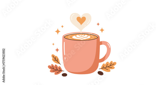 A cozy pink mug with latte art, steam, autumn leaves, and coffee beans, evoking a warm fall feeling.