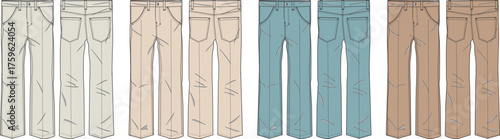 Set of colorful casual pants shown in front and back views. A vector fashion flat sketch template for clothing design and apparel concepts