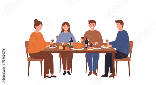 Four friends or family members enjoying a festive meal together at a dining table, celebrating a special occasion like Thanksgiving.