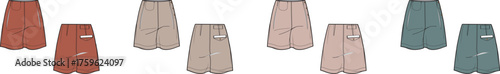 Drawings of shorts in various colors for fashion design sketches
