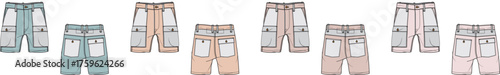 Illustrated collection of comfortable children's shorts and pants in various soft pastel colors. Versatile apparel designs for boys and girls, ideal for everyday wear and play