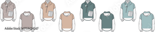 Technical fashion flat sketches of casual apparel. Features hoodies, V-neck t-shirts, and polo shirts in various muted color palettes. Ideal for garment design and production