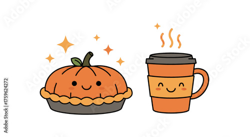 A cute cartoon illustration of a pumpkin pie and a pumpkin spice latte with smiling faces.