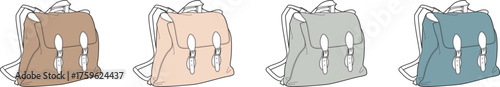 Illustrated set of classic rucksack backpacks in a soft pastel color palette. A stylish collection of accessories for school, travel, and daily life