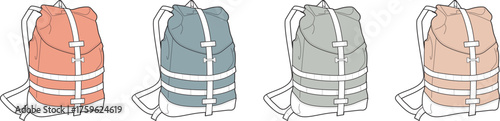 A collection of four colorful backpacks with white straps and white detailing, displayed side by side in a studio setting