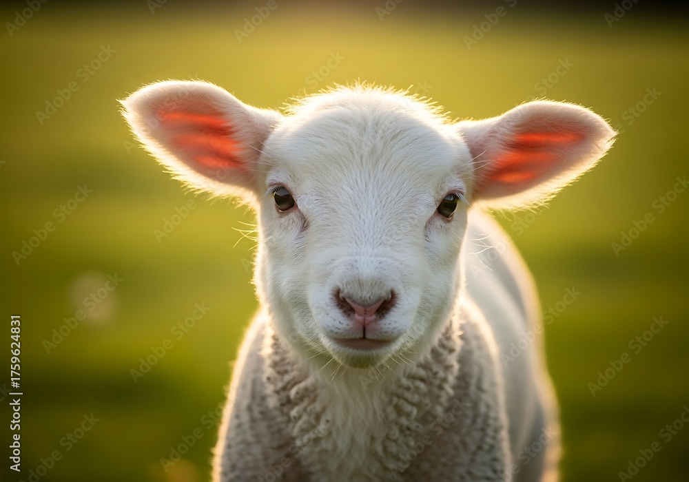 Fototapeta premium Close-up portrait of a cute white lamb standing in a sunny green field, looking directly at the viewer.