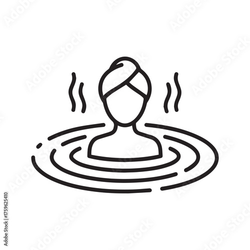 Person relaxing in hot tub spa icon. Symbol of wellness, hydrotherapy, and self-care treatment. Simple line vector for relaxation and beauty.
