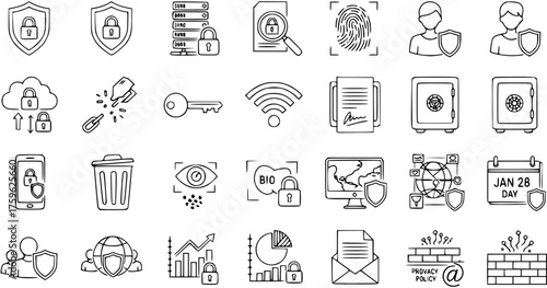 Cybersecurity and Data Protection Hand-drawn Icon Set. Digital Security, Privacy, Biometrics, Network, Cloud, and Confidential Information Vector Illustrations.