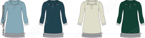 Flat fashion illustration presenting four color variations of a comfortable women's long-sleeved casual dress, ideal for versatile wear as modern loungewear or everyday apparel