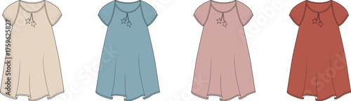 Four children's dresses in different colors, showcasing various styles and fabrics for casual wear and special occasions