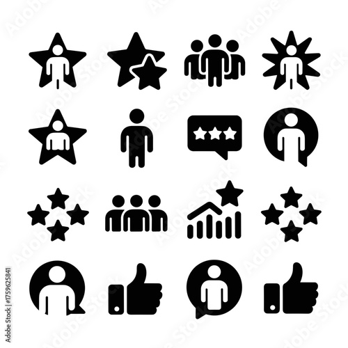 Customer feedback stars and icons representing satisfaction ratings and team success