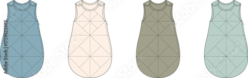 Collection of four cozy infant sleeping bags in a range of gentle pastel colors, featuring a soft quilted design for secure and comfortable sleep for newborns and toddlers in a modern nursery setting