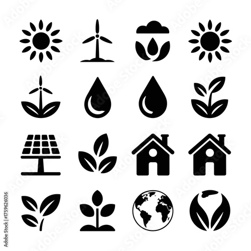 Eco-friendly icons for sustainability, renewable energy, and green living concepts