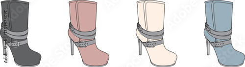 A collection of stylish high-heeled ankle boots for women in four different color variations, isolated on a white background