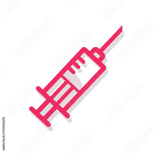 A clean and modern pink and white syringe icon for medical or health-related graphics, showcasing a simple medical illustration