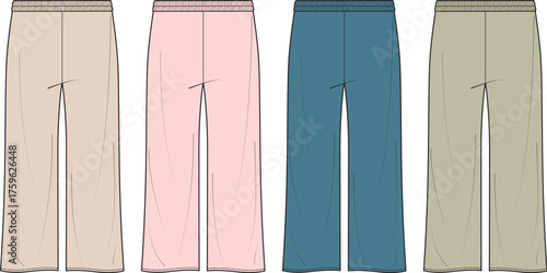Four pairs of wide-leg sweatpants in pastel shades, perfect for casual and comfortable wear, fashion style