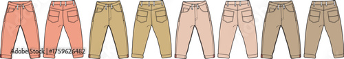 Set of different colored pants laid out in a row, showcasing various shades of peach and brown hues
