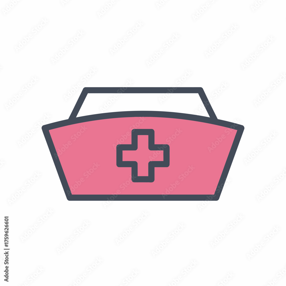 Fototapeta premium Charming pink nurse's cap icon with a central medical cross, perfect for illustrating healthcare concepts, medical support, and nursing professions in digital media