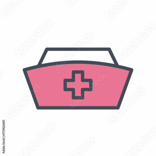 Charming pink nurse's cap icon with a central medical cross, perfect for illustrating healthcare concepts, medical support, and nursing professions in digital media